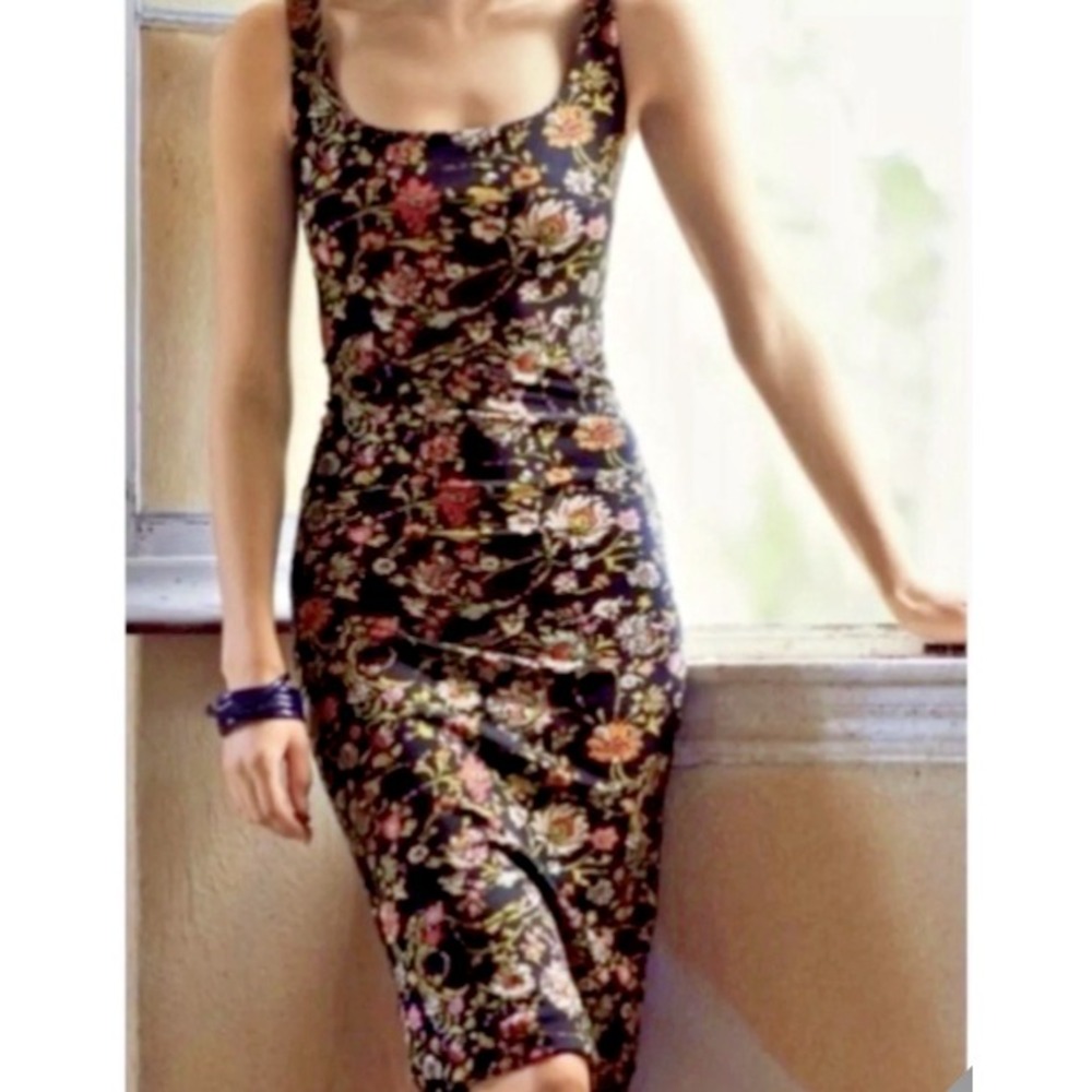 Floral Pima Cotton Spandex Scoop Neck Sheath Dress Black Multicolor Small